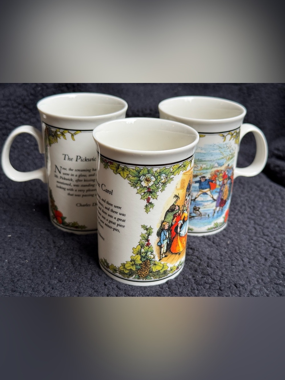 Vintage 1994 Dunoon Scotland Charles Dickens Stoneware Mugs Set of 3 Christmas C